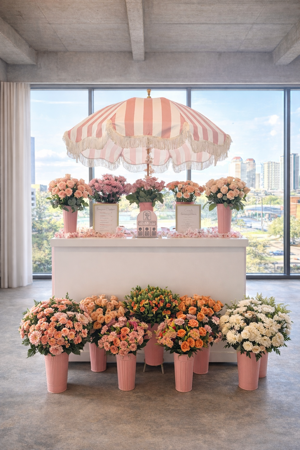 Mini bouquet station in gold cones — corporate office event